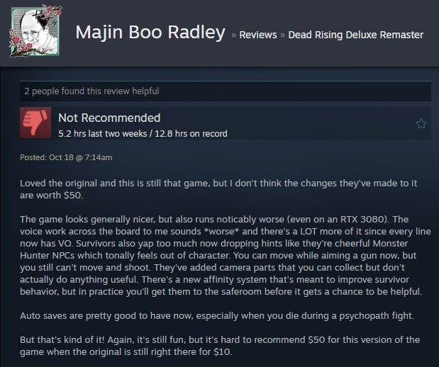 Image from the Dead Rising Deluxe Remastered article, based on Steam reviews